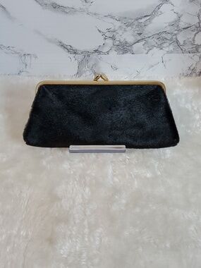 Bond Street Vintage Black Calf Hair Frame Clutch with Gold-Tone Kiss Lock EUC
